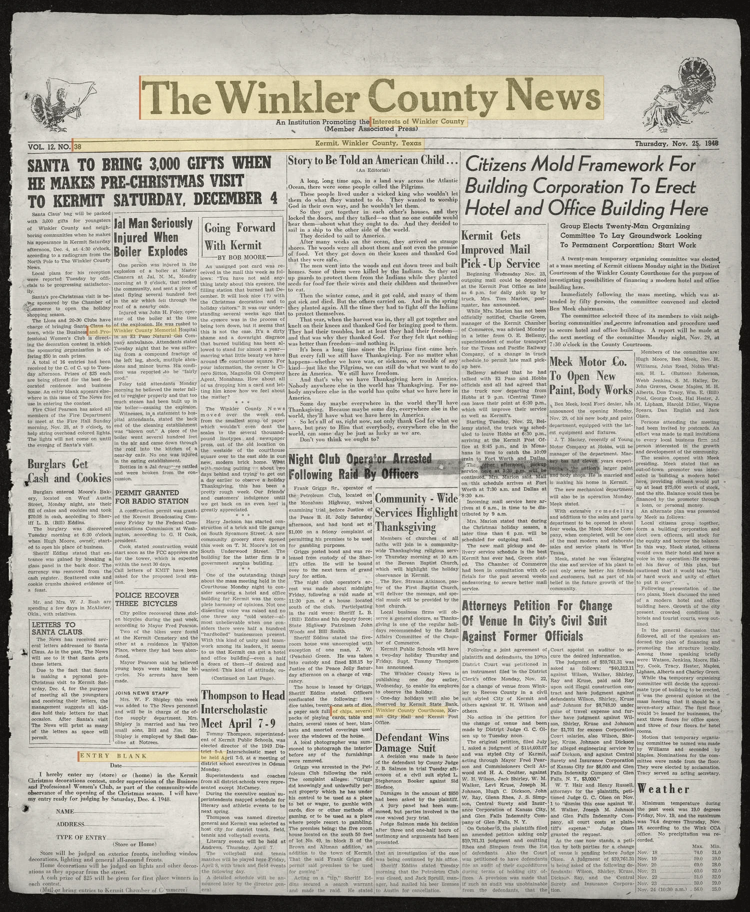 The Winkler County News (Kermit, Tex.), Vol. 12, No. 38, Ed. 1 Thursday, November 25, 1948